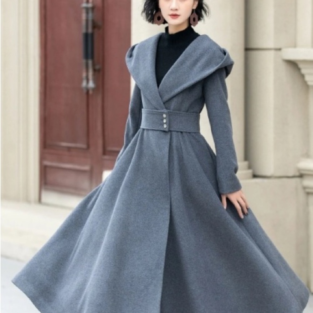 Long wool coat, Womens gray swing wool coat, Warm wool Coat, Hooded wool coat